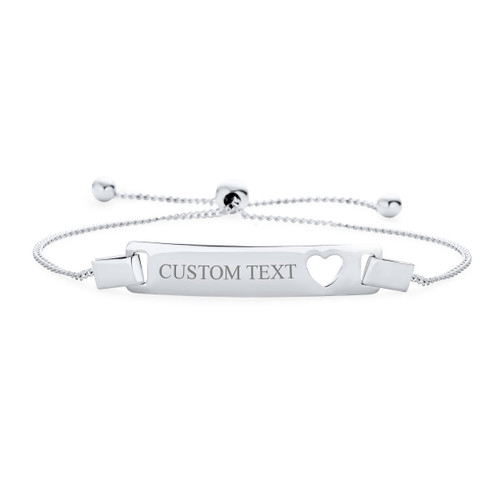 Personalized Delicate Petite Name Bar Plated Engrave Heart Thin ID Identification Bolo Bracelet For Women Teen .925 Silver Sterling For Small Wrists 5-6 Inch Adjustable Custom Engraved