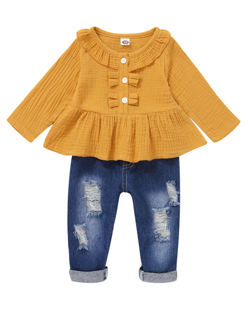 Baby Girl Outfits Infant Girl Clothes Fall Long Sleeve Linen Shirt Cute Ripped Jeans Winter Toddler Pants Set 12-18 Months Girl Clothes Yellow