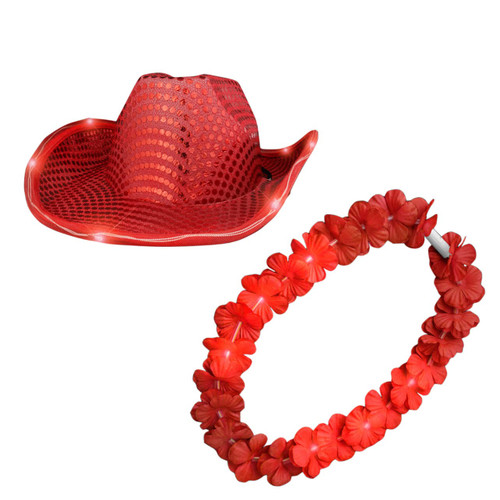 blinkee 2 in 1 Bundle of Light Up Red Sequin Cowboy Hat and Light Up Hawaiian Flower Lei Necklace Red