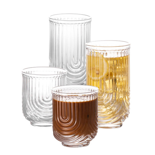 Cocktail Glasses with Ribbed Glassware Set of 4, Art Deco Ripple Vintage Glassware, 2 Highball Glasses & 2 Rocks Glasses, Elegant Iced Coffee Glasses, Glass Cups Ideal for Whiskey, Beer, Juice, Water