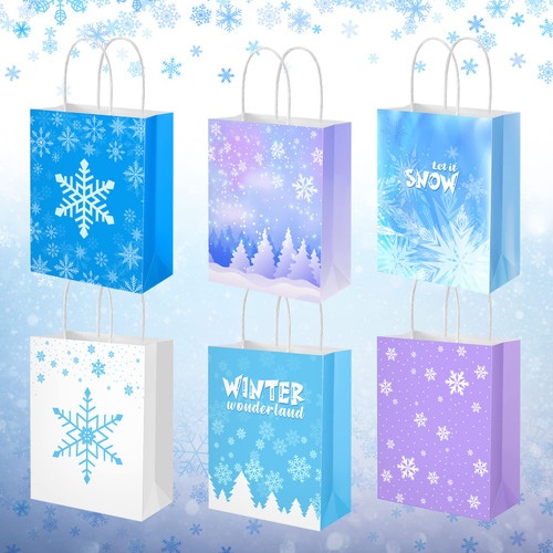60 Pcs Snowflake Gift Bags Frozen Party Favors Winter Wonderland Gift Bags with Handles Candy Treat Goodie Bags for Birthday Christmas Wedding Party Supplies