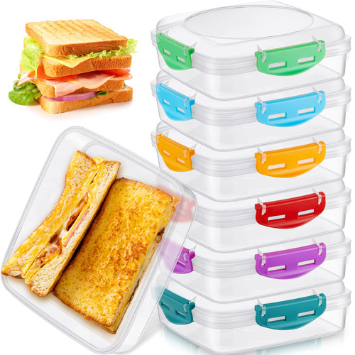 Mumufy 6 Pcs Lunch Containers Sandwich Containers Plastic Lunch Box with Snap Lids 17 oz Reusable Bento Snack Box for Kids Adults Leakproof Food Storage for School, Work and Travel, 6 Colors