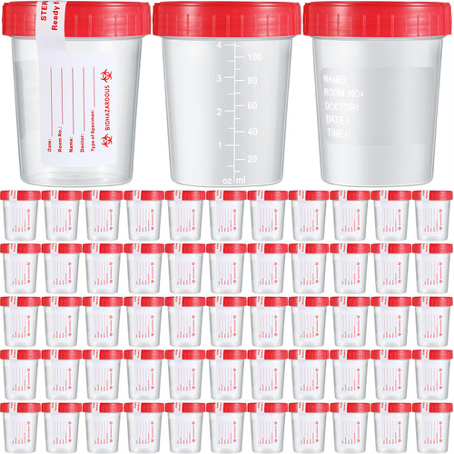 Geiserailie 100 Pack Disposable Urine Cup Specimen Cups with Lids and Tamper Evident Seal 4 oz Specimen Container Urine Sample Containers Urine Sample Cups for Collection and Testing(Red Lids)