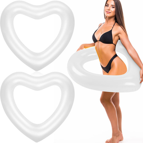 Junkin 47.3 x 39.4 Inch White Heart Pool Float Inflatable Swim Water Ring Float Swimming Pool Float Bachelorette Pool Float Loungers Tube for Engagement, Wedding, Summer Beach Party (2 Pcs)