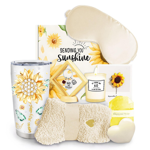 Fitvc 60th Birthday Gifts for Women, Happy 1963 Birthday Gifts Set for Woman Mom Wife Best Friends, Funny 60 Year Old Gift Basket Box Unique, Sending Sunshine 20oz Wine Tumbler Bday Gift for Female