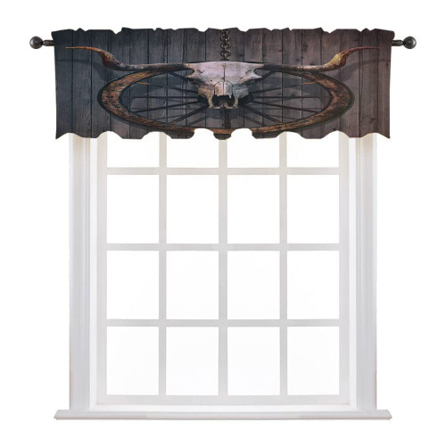 LIGUTARS Valance Curtains, Barn Wood Wagon Wheel Decor Curtains, Long Horned Bull Skull Old on Rustic, 60" W x 18" L, Kitchen Windows Bathroom Bedroom, Black Brown White