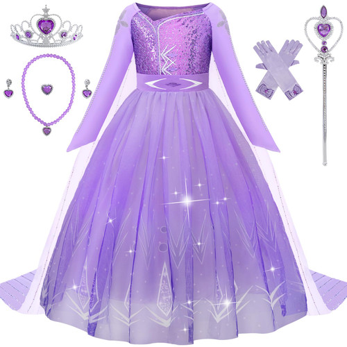 Aoiviss Princess Elsa Dress for Girls Purple Frozen Dress Up for Halloween Carnival Snow Party Cosplay Fancy Pageant Costume