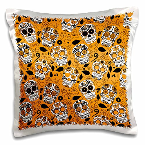 3dRose Orange, White, and Black Tossed Sugar Skulls Pattern - Pillow Case, 16 by 16-inch (pc_216986_1)