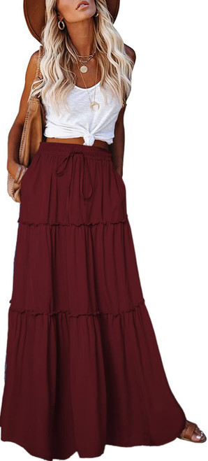 EARKOHA Women's Elastic High Waist A Line Flowy Beach Skirt Plus Size Smocked Solid Maxi Skirt Wine