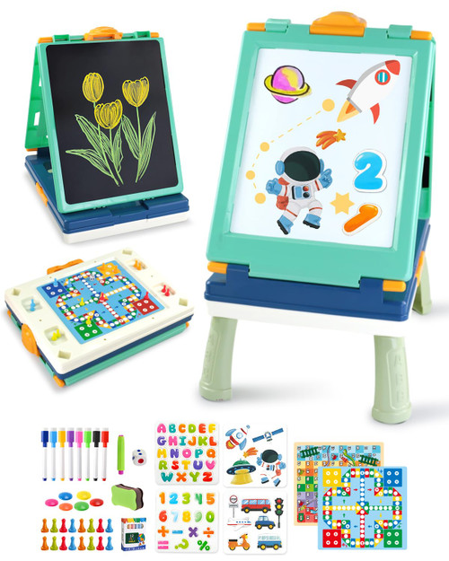 Elovien Easel for Kids,Tabletop Easel for Toddler, Foldable 4 in 1 Double Sided Kids Art Easel with Chalkboard & Magnetic Whiteboard,Portable Desktop Drawing Board - Gift for Boys and Girls (Green)