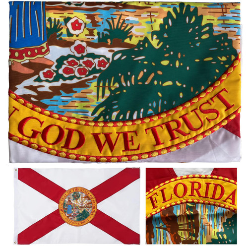 Florida State Flag 3x5 Embroidered Outdoor Double Sided- 3Ply Heavy Duty 300D Nylon(All Weather)- Big State Of Florida Flag 3x5-2 Brass Grommets & 4 Rows Stitched