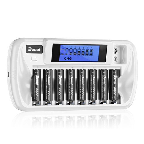 BONAI Rechargeable AA Batteries with Charger, 8+1 Bay AA Battery Charger with LCD Display for 1.2V NiMH NiCD AA AAA 9V, 2800mAh High Capacity Low Self Discharge- 8 Pack