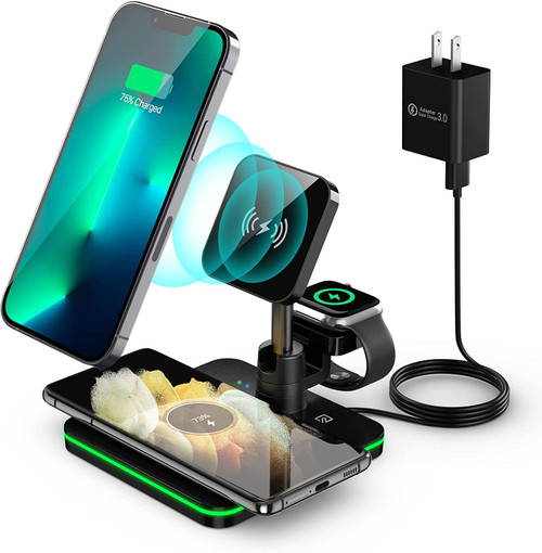 3 in 1 Wireless Charger for MagSafe, Foldable Wireless Charging Station, 15W Fast Magnetic Charger Stand for iPhone 15/14/13/12 Pro/11/XS/XR, AirPods Pro 3/2, Apple Watch Ultra/9/8/7/6/5/4/3/SE