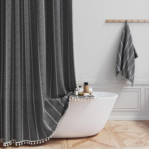 BTTN 78 Inch Long Shower Curtain - Boho Farmhouse Linen Thick Striped Fabric Shower Curtain Set with Hooks, Tall Rustic Country Luxury Cloth Shower Curtains for Bathroom - Charcoal Grey - 72x78 BTTN 78 Inch Long Shower Curtain - Boho Farmhouse Linen Thick Striped Fabric Shower Curtain Set with Hooks, Tall Rustic Country Luxury Cloth Shower Curtains for Bathroom - Charcoal Grey - 72x78