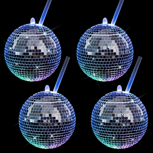 LIANGMIDA 4 Pcs Disco Ball Cup with Lid and Straw LED Light up Disco Flash Ball Cocktail Cups Silver Spherical Cup Wine Drinking Tea Syrup Bottle for Party Nightclub Bar