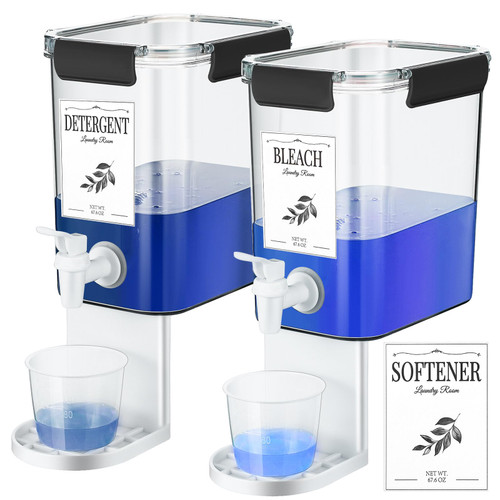 Soaoo 2 Pcs Laundry Detergent Dispenser Laundry Soap Dispenser with Faucet Liquid Detergent Holder with Labels 2 Detergent Holder 2 Measuring Cup Fabric Softener Container for Laundry Room (67.6 oz)