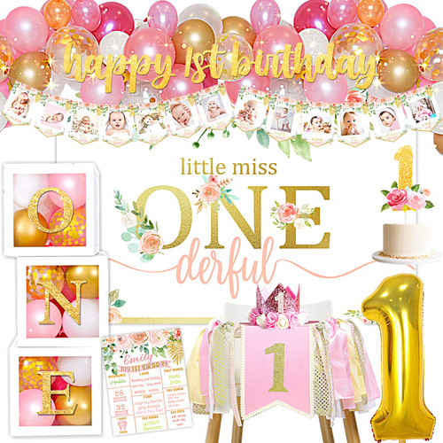 Baby Girl 1st Birthday Decorations Supplies, 1st Birthday Girl Decorations, Baby First Birthday Decorations for Girl, First Birthday Balloon Boxes, Backdrop, High Chair Banner, Crown, Photo Banner Baby Girl 1st Birthday Decorations Supplies, 1st Birthday Girl Decorations, Baby First Birthday Decorations for Girl, First Birthday Balloon Boxes, Backdrop, High Chair Banner, Crown, Photo Banner