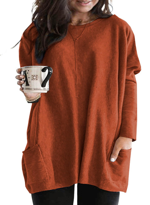 Eytino Womens Plus Size Long Sleeve Shirts Round Neck Casual Sweatershirts Oversized Tunic Tops with Pockets,1X Orange