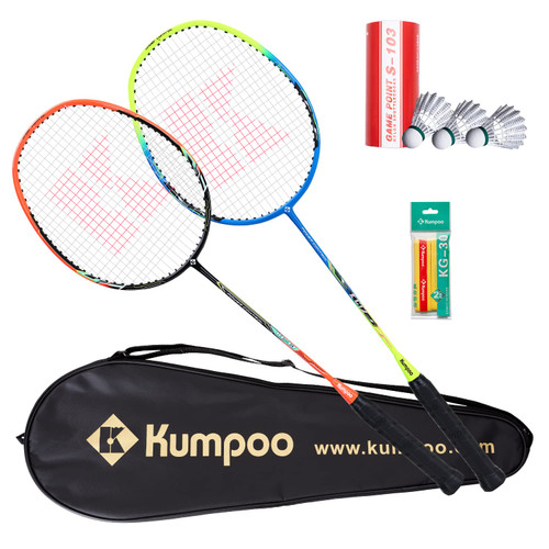 KUMPOO Badminton Racket Set of 2, 2 86g Lightweight Carbon Badminton Racket, 3 Shuttlecoks, 2 Grip and 1 Racket Cover Bag, for Family Party Trainning Backyard Game (KC-12)
