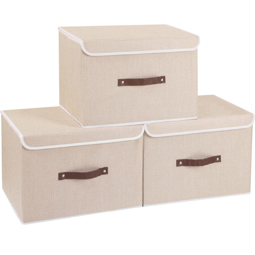 Yawinhe Collapsible Storage Boxes with Lids Fabric Foldable Storage Bins Organizer Containers Baskets with Lid for Home Bedroom Closet Office (Beige, 15.0x9.8x9.8inch/3-Pack)