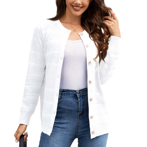 Bgklfeo Women's Lightweight Crew Neck Button Down Long Sleeve Cardigan Knit Open Front Sweater White