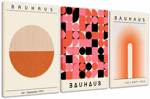 3pcs Framed Bauhaus Mid Century Modern Wall Art Orange posters pictures prints Boho Canvas Wall Decor Abstract Geometric paintings artwork for Living Room Bedroom Dining Room Ready To Hang (12x16inX3)
