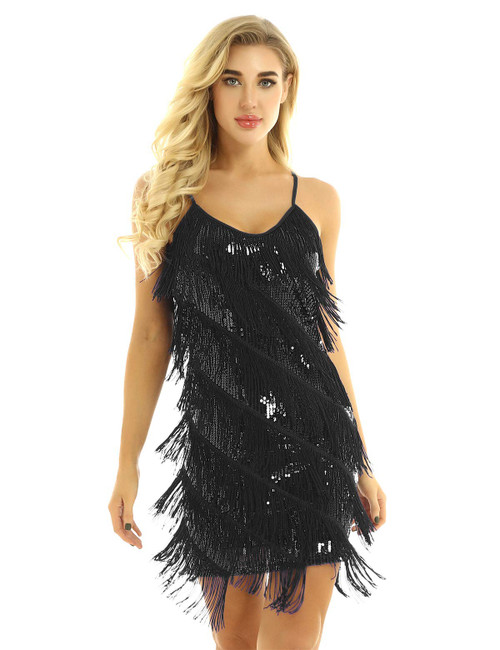 CHICTRY Women's Spaghetti Straps Tassels Sequin Flapper Dress Gatsby Party Dress Dancewear (Black)