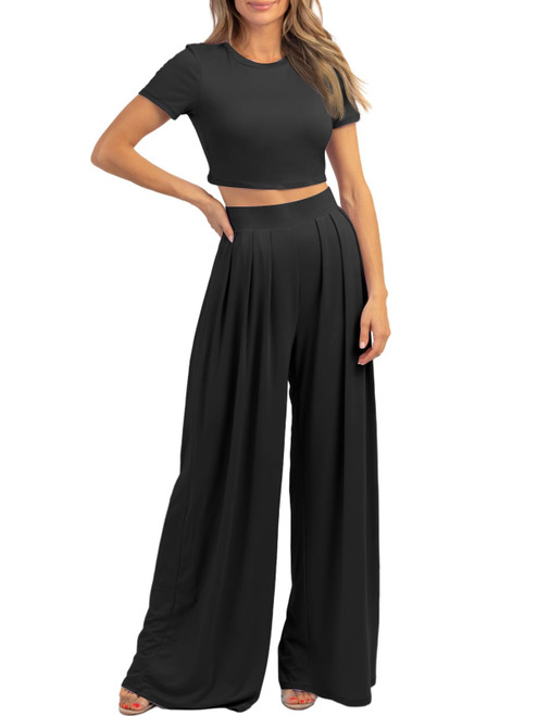 Fisoew Women's 2 Piece Lounge Sets Crop Tops Wide Leg Palazzo Pants Casual Outfits