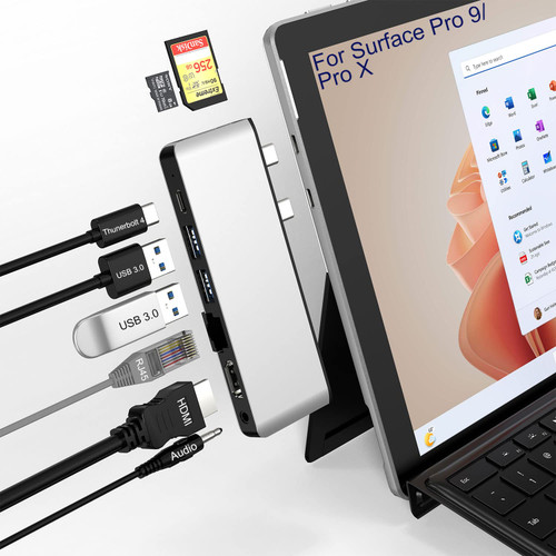 Surface Pro 9 Hub Docking Station with 4K HDMI, USB-C Thunerbolt 4(8K@30Hz Video+40G Data+100W Power), 100M RJ45, 2X USB3.0, SD+TF Card Slot, 3.5mm Audio, Triple Display for Surface Pro 9/Pro X