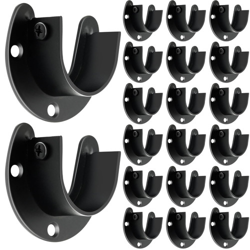 Closet Rod Bracket, (20 Pack) Heavy Duty Closet Rod Support Black Stainless Steel Closet Shower Rod Holders 1 1/4 Inch Closet Pole Holder Sockets U Shaped Wardrobe Brackets Flange Rod Holder End Caps