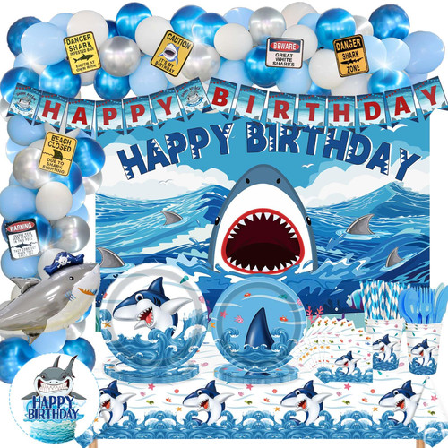 235 PCs Shark Birthday Decorations, Hombae Blue Ocean Shark Themed Party Supplies Backdrop Balloon Garland Banner Warning Sign Tablecloth Cake Topper Plate Napkin Cup Straw Knife Spoon Fork 235 PCs Shark Birthday Decorations, Hombae Blue Ocean Shark Themed Party Supplies Backdrop Balloon Garland Banner Warning Sign Tablecloth Cake Topper Plate Napkin Cup Straw Knife Spoon Fork