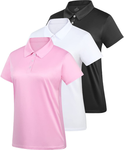 Women's Polo Tee Dry Fit Golf Shirt Moisture Wicking Short Sleeve Sport Activewear Golf Polo Tops Collar with Buttons Workout Black/White/Pink S