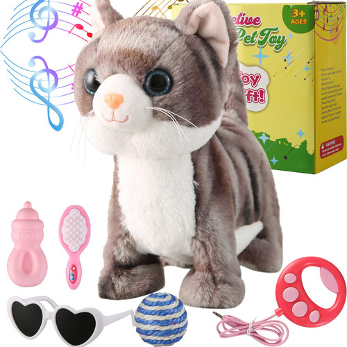 Gray Leash Walking Cat Set Singing That Purrs and Meows Animated Plush Robot Kitten Moving Plush Realistic Stuffed Animal Remote Control Cute Kawai Robotic Kitty Toy for Kid Girl Gift