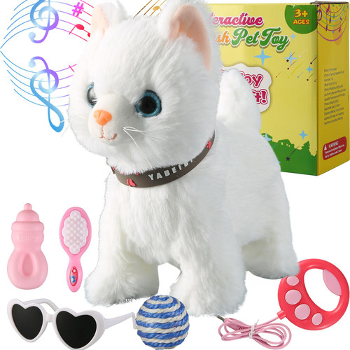 White Leash Walking Cat Set Singing That Purrs and Meows Animated Plush Robot Kitten Pet Moving Plush Realistic Stuffed Animal Remote Control Cute Kawai Robotic Kitty Toy for Kid