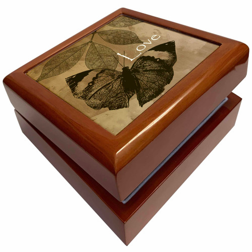 3dRose Brown Butterfly with Leaves Love, Jewelry Box jb-99247-1