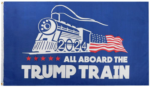 All Aboard The Trump Train 2024 Blue Premium Quality Heavy Duty Fade Resistant 100D Woven Poly Nylon 4x6 4'x6' Flag Banner Grommets