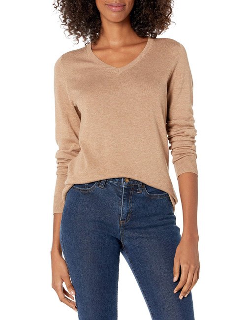 Amazon Essentials Women's Classic-Fit Lightweight Long-Sleeve V-Neck Sweater (Available in Plus Size), Camel Heather, 1X