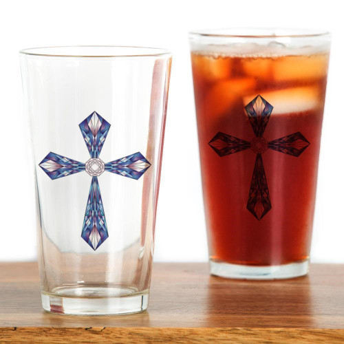 Truly Teague Pint Drinking Glass Stained Glass Cross