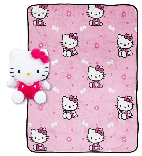 Hello Kitty Hello Girly Mini Pillow Buddy and 46 Inch x 60 Inch Throw Set - Kids Super Soft 2 Piece Blanket Set (Official Hello Kitty Product)