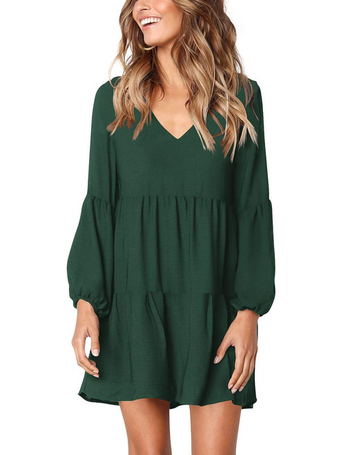 Cosonsen Womens Casual Ruffle Tunic Dress Long Sleeve V-Neck Swing Dress Dark Green S