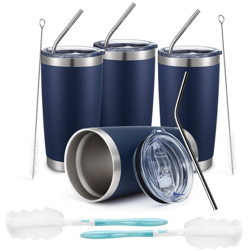 COMOOO 20oz Stainless Steel Navy Tumbler Bulk with Lid and Straw Insulated Coffee Tumbler Cup Double Wall Vacuum Travel Mug for Cold Drinks and Hot Beverage (Navy, 4 Pack)