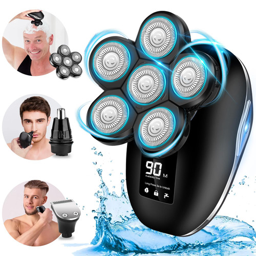 Electric Head Shaver for Bald Men, 6 in 1 Mens Electric Head Razor Bald Head Shaver Cordless Electric Razor Men, IPX7 Wet/Dry Waterproof Rotary Shaver with Head Shaver Kit LED Display