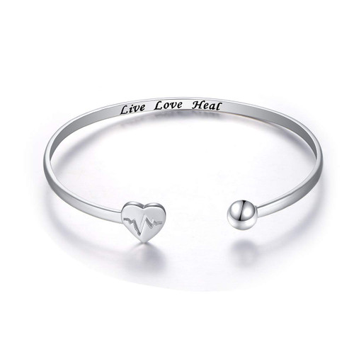 S925 Sterling Silver Live Love Heal EKG Heartbeat Adjustable Open Cuff Heart Bangle Bracelet for Nurse Doctor Medical Student Gifts