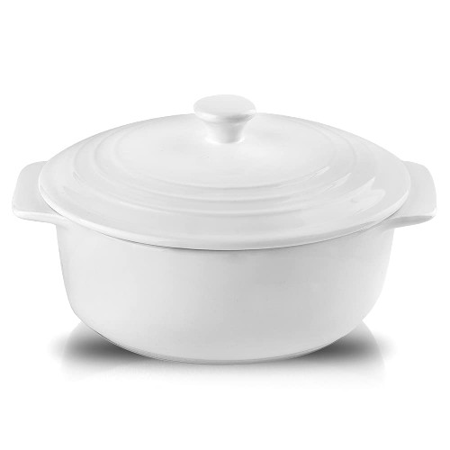 KOOV Ceramic Casserole Dish with Lid Oven Safe, 2 Quart Casserole Dish, Covered Round Casserole Dish Set, 9 inch Baking dish With Lid for Dinner, Deep Casserole Cookware Set, Reactive Glaze (White)