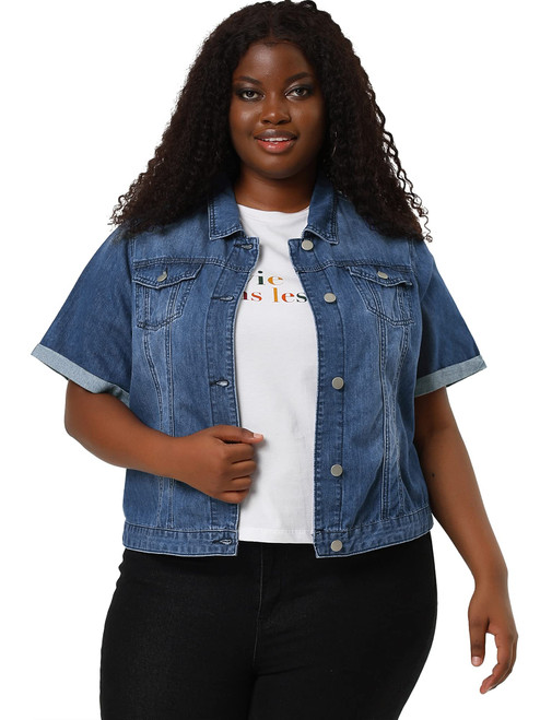 Agnes Orinda Women's Plus Size Denim Jacket Button Front Work Crop Jean Short Sleeves Jackets 2023 1X Blue