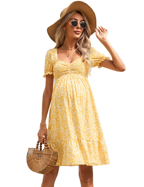 FUNJULY Maternity Dress Womens Casual Sweetheart Neck Ruffle A Line Dress Foral Printed Flowy Mini Short Dresses yellowfloral M