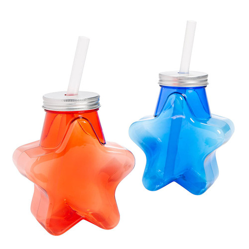 Fun Express Patriotic Star-Shaped Plastic Cups with Lids and Straws, 12 Pieces