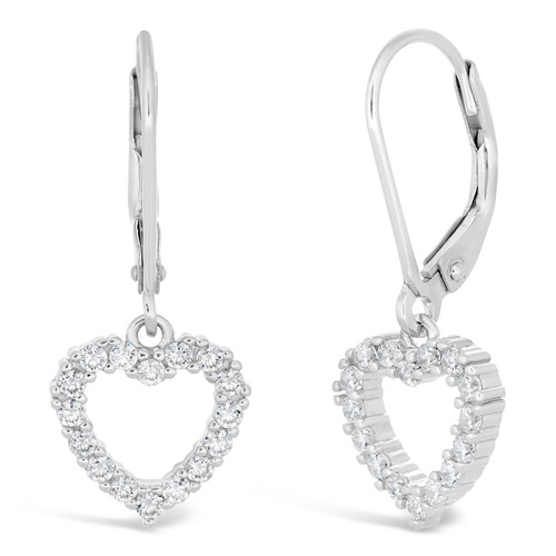 Dangling Heart Cubic Zirconia Leverback Earrings - Sterling Silver - 10mm
