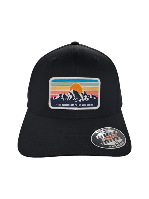 Mountians Fitted Hat- Flexfit Hat with The Mountains are Calling and I Must Go Woven Vintage Patch (Black, L/XL)