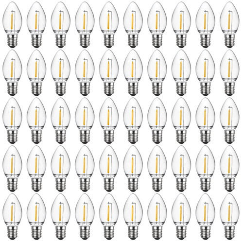 Meconard C7 Led Replacement Christmas Light Bulbs, C7 Shatterproof Led Bulbs for Christmas Outdoor String Lights, E12 Candelabra Base, Commercial Grade Holiday Bulbs, Warm White, 50 Pack